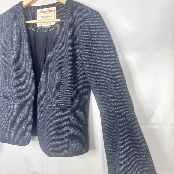 Anthropologie Cartonnier Navy Pinstriped Wool Blend Bell Sleeve Blazer Size 4 - Picture 4 of 14